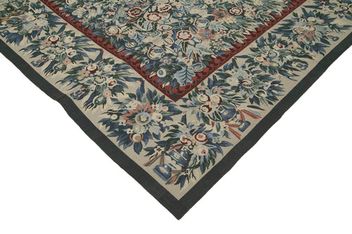 Needlepoint Floral Bej Çiçekli Pamuk Yün El Dokuma Halısı 363x446 Agacan