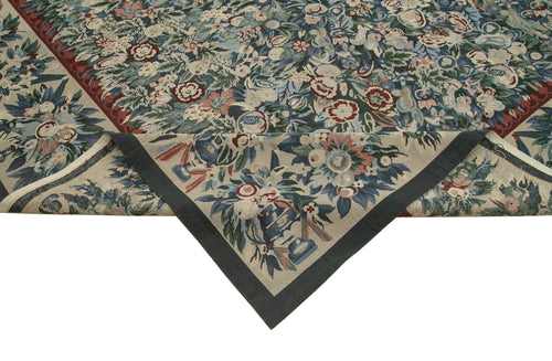 Needlepoint Floral Bej Çiçekli Pamuk Yün El Dokuma Halısı 363x446 Agacan