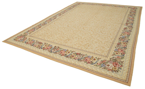 Needlepoint Floral Bej Çiçekli Pamuk Yün El Dokuma Halısı 315x444 Agacan