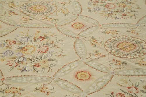 Needlepoint Floral Bej Çiçekli Pamuk Yün El Dokuma Halısı 346x449 Agacan