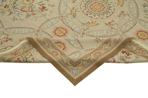 Needlepoint Floral Bej Çiçekli Pamuk Yün El Dokuma Halısı 346x449 Agacan