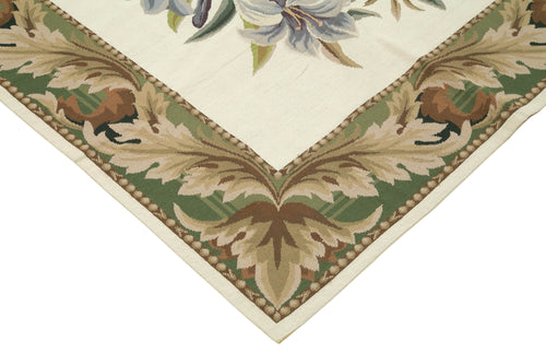 Needlepoint Floral Bej Çiçekli Pamuk Yün El Dokuma Halısı 241x304 Agacan