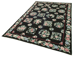 Needlepoint Floral Siyah Çiçekli Pamuk Yün El Dokuma Halısı 174x266 Agacan