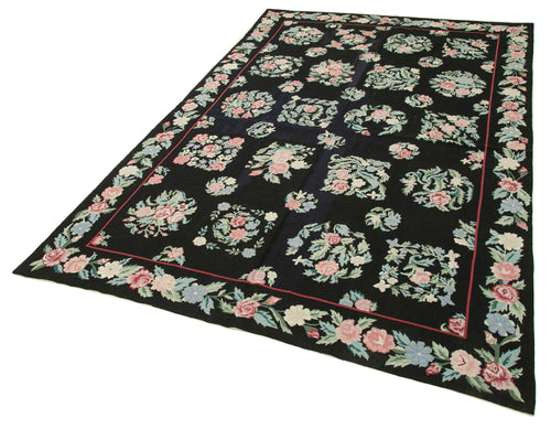 Needlepoint Floral Siyah Çiçekli Pamuk Yün El Dokuma Halısı 174x266 Agacan