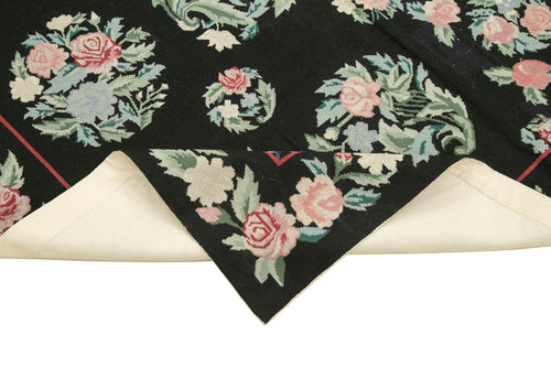 Needlepoint Floral Siyah Çiçekli Pamuk Yün El Dokuma Halısı 174x266 Agacan