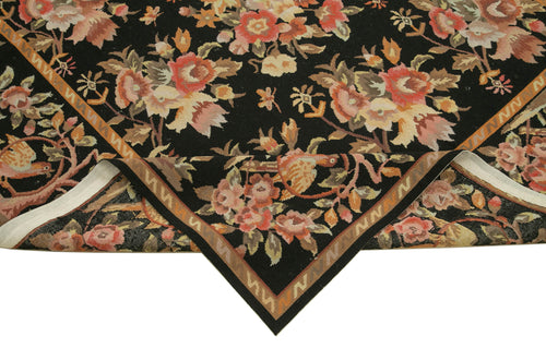 Needlepoint Floral Siyah Çiçekli Pamuk Yün El Dokuma Halısı 183x274 Agacan
