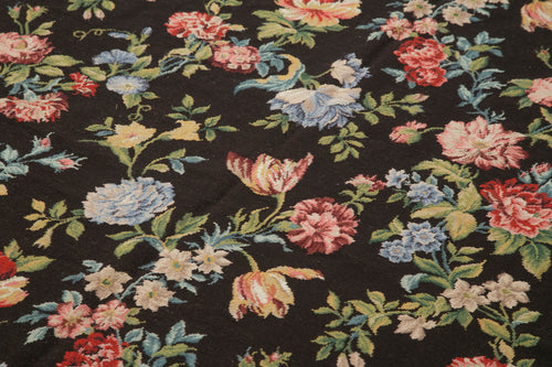 Needlepoint Floral Siyah Çiçekli Pamuk Yün El Dokuma Halısı 177x271 Agacan
