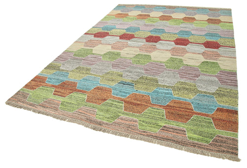 Scrap Fuşya Geometrik Pamuk Yün El Dokuma Halısı 207x300 Agacan