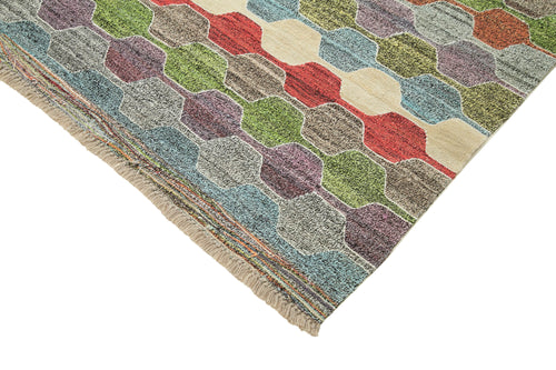 Scrap Fuşya Geometrik Pamuk Yün El Dokuma Halısı 247x303 Agacan