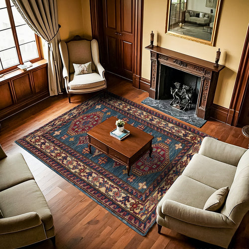 Mavi Madalyon Modern Etnik Desenli Halı  | Makinada Yıkanabilir | Hav Toz Vermez | Leke Tutmayaz | Kaymaz Taban | Dijital Makine Baskı | Salon Yolluk Mutfak Halısı