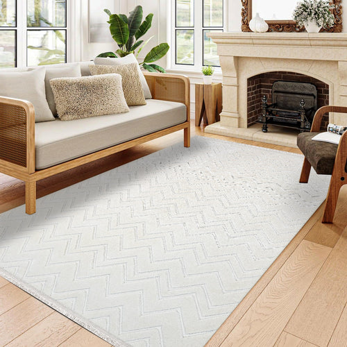Spice Beyaz Geometrik Polyester Makine Alan Halısı