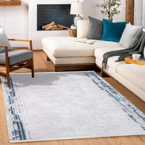 Zuri Beyaz Mavi Çerçeveli Polyester Makine Halısı