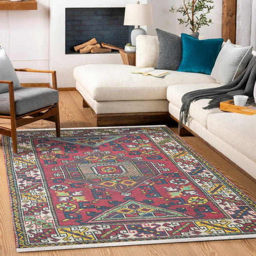 Kırmızı Göbekli Modern Etnik Desenli Halı  | Makinada Yıkanabilir | Hav Toz Vermez | Leke Tutmayan | Kaymaz Taban | Dijital Makine Baskı | Salon Yolluk Mutfak Halısı