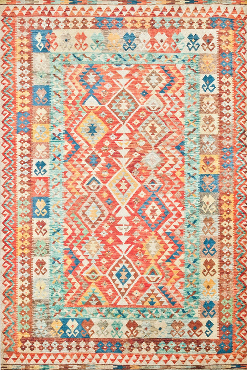 Kırmızı Etnik Modern Etnik Desenli Halı  | Makinada Yıkanabilir | Hav Toz Vermez | Leke Tutmayan | Kaymaz Taban | Dijital Makine Baskı | Salon Yolluk Mutfak Halısı