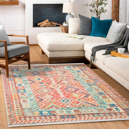 Kırmızı Etnik Modern Etnik Desenli Halı  | Makinada Yıkanabilir | Hav Toz Vermez | Leke Tutmayan | Kaymaz Taban | Dijital Makine Baskı | Salon Yolluk Mutfak Halısı