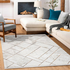 Salem Bej Geometrik Çizgili Polyester Makine Halısı