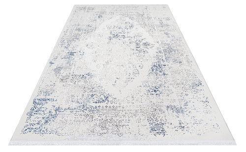 Rhea Krem Mavi Eskitme Polyester Makine Halısı