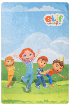 TRT Çocuk Elif ve Arkadaşları Çizgi Film Karakteri Mavi-Yeşil Dijital Baskı Çocuk Halısı