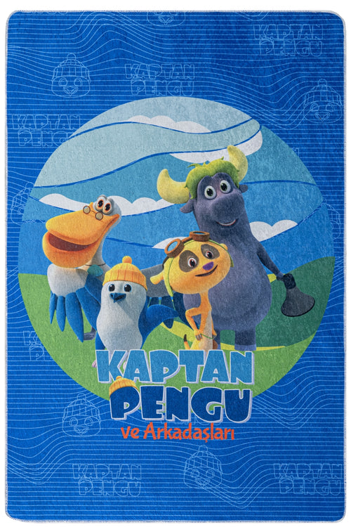 TRT Çocuk Kaptan Pengu Çizgi Film Karakteri Lacivert Hayvan Dijital Baskı Çocuk Halısı