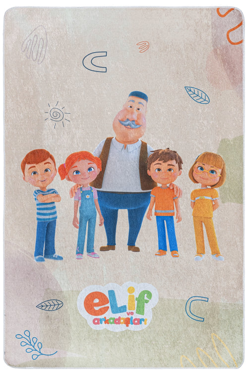 TRT Çocuk Elif ve Arkadaşları Çizgi Film Karakteri Bej Mavi Dijital Baskı Çocuk Halısı