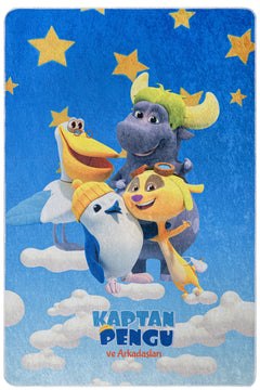 TRT Çocuk Kaptan Pengu Çizgi Film Karakteri Mavi Sarı Dijital Baskı Çocuk Halısı