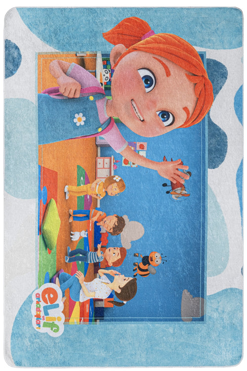 TRT Çocuk Elif ve Arkadaşları Çizgi Film Karakteri Mavi-Turuncu Dijital Baskı Çocuk Halısı