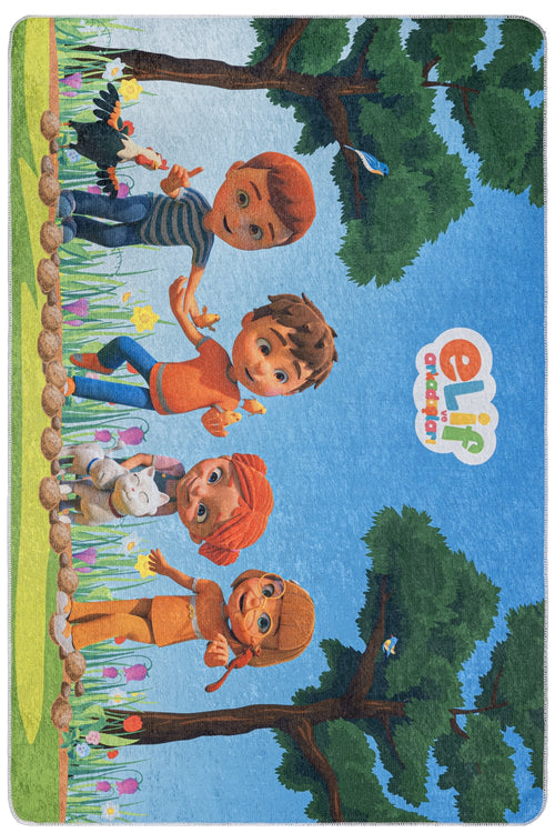 TRT Çocuk Elif ve Arkadaşları Çizgi Film Karakteri Mavi ve Yeşil Dijital Baskı Çocuk Halısı