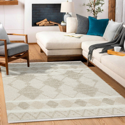 Krem Geometrik Modern Etnik Desenli Halı  | Makinada Yıkanabilir | Hav Toz Vermez | Leke Tutmayan | Kaymaz Taban | Dijital Makine Baskı | Salon Yolluk Mutfak Halısı
