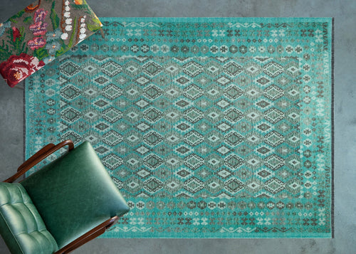 Turkuaz Etnik Modern Etnik Desenli Halı  | Makinada Yıkanabilir | Hav Toz Vermez | Leke Tutmayan | Kaymaz Taban | Dijital Makine Baskı | Salon Yolluk Mutfak Halısı
