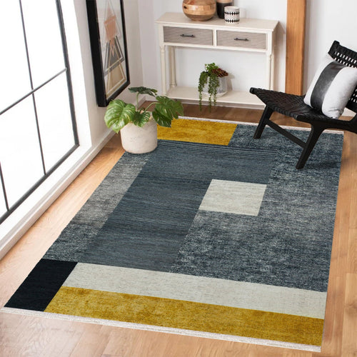 Antrasit Geometrik Modern Etnik Desenli Halı  | Makinada Yıkanabilir | Hav Toz Vermez | Leke Tutmayan | Kaymaz Taban | Dijital Makine Baskı | Salon Yolluk Mutfak Halısı