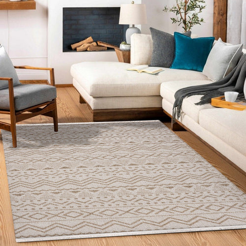 Bej Geometrik Modern Etnik Desenli Halı  | Makinada Yıkanabilir | Hav Toz Vermez | Leke Tutmayan | Kaymaz Taban | Dijital Makine Baskı | Salon Yolluk Mutfak Halısı