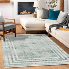 Mavi Çerçeveli Modern Etnik Desenli Halı  | Makinada Yıkanabilir | Hav Toz Vermez | Leke Tutmayan | Kaymaz Taban | Dijital Makine Baskı | Salon Yolluk Mutfak Halısı