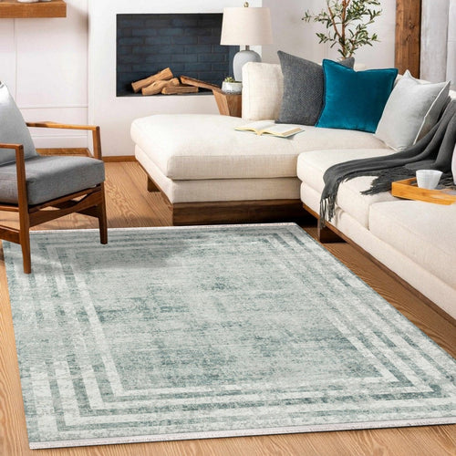 Mavi Çerçeveli Modern Etnik Desenli Halı  | Makinada Yıkanabilir | Hav Toz Vermez | Leke Tutmayan | Kaymaz Taban | Dijital Makine Baskı | Salon Yolluk Mutfak Halısı