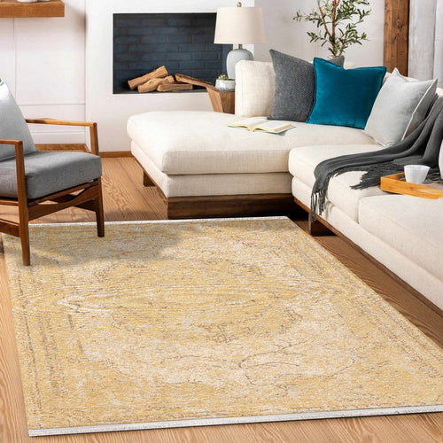Sarı Göbekli Modern Etnik Desenli Halı  | Makinada Yıkanabilir | Hav Toz Vermez | Leke Tutmayan | Kaymaz Taban | Dijital Makine Baskı | Salon Yolluk Mutfak Halısı