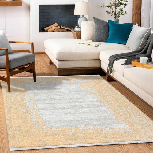 Sarı Çerçeveli Modern Etnik Desenli Halı  | Makinada Yıkanabilir | Hav Toz Vermez | Leke Tutmayan | Kaymaz Taban | Dijital Makine Baskı | Salon Yolluk Mutfak Halısı