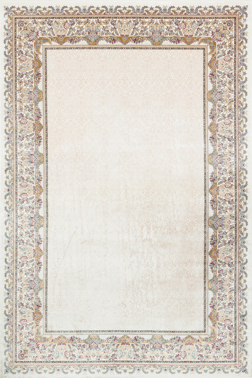Krem Çerçeveli Modern Etnik Desenli Halı  | Makinada Yıkanabilir | Hav Toz Vermez | Leke Tutmayan | Kaymaz Taban | Dijital Makine Baskı | Salon Yolluk Mutfak Halısı