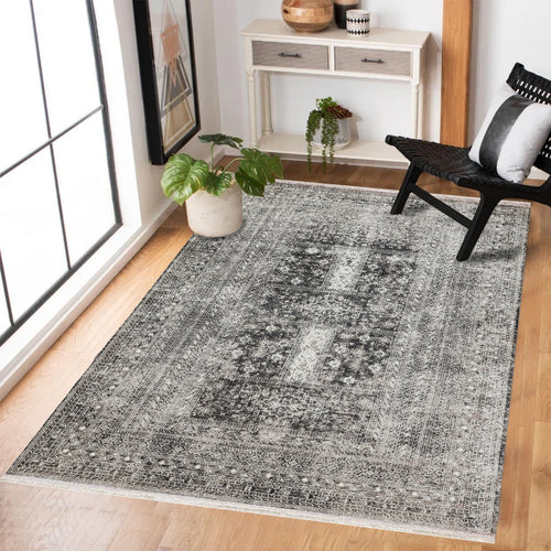Antrasit Çerçeveli Modern Etnik Desenli Halı  | Makinada Yıkanabilir | Hav Toz Vermez | Leke Tutmayan | Kaymaz Taban | Dijital Makine Baskı | Salon Yolluk Mutfak Halısı