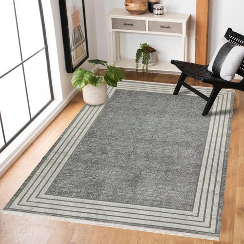 Gri Çerçeveli Modern Etnik Desenli Halı  | Makinada Yıkanabilir | Hav Toz Vermez | Leke Tutmayan | Kaymaz Taban | Dijital Makine Baskı | Salon Yolluk Mutfak Halısı