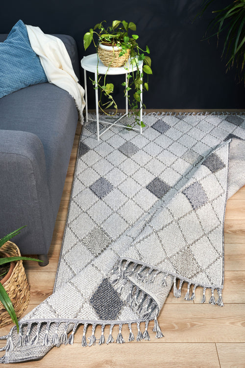 Rockford Gri Geometrik Polyester Makine Halısı Apex