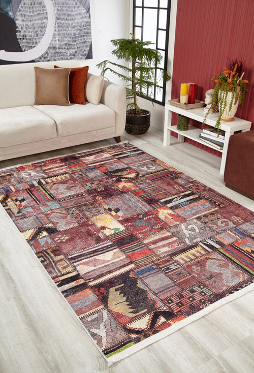 Biskupiec Bordo Patchwork Dijital Baskı Halı Halınet