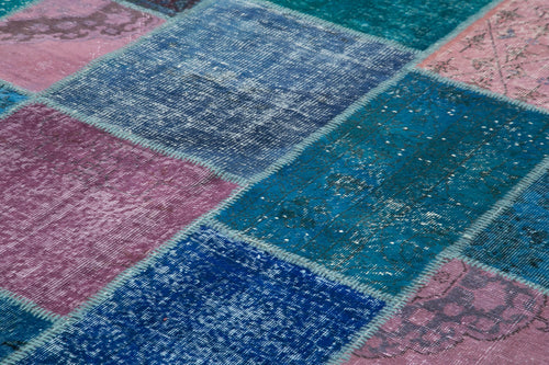 Kırk Yama Mavi Patchwork Pamuk Yün El Dokuma Halısı 260x353 Agacan