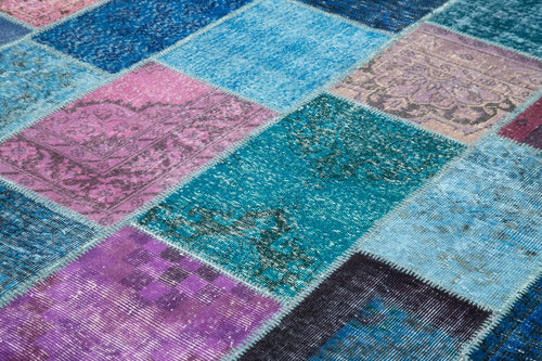 Kırk Yama Mavi Patchwork Pamuk Yün El Dokuma Halısı 246x303 Agacan