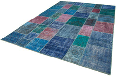 Kırk Yama Mavi Patchwork Pamuk Yün El Dokuma Halısı 258x356 Agacan
