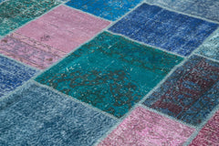 Kırk Yama Mavi Patchwork Pamuk Yün El Dokuma Halısı 258x356 Agacan