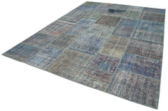 Kırk Yama Mavi Patchwork Pamuk Yün El Dokuma Halısı 251x354 Agacan