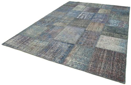 Kırk Yama Mavi Patchwork Pamuk Yün El Dokuma Halısı 252x355 Agacan