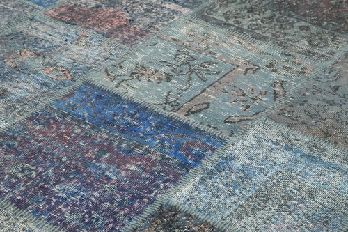 Kırk Yama Mavi Patchwork Pamuk Yün El Dokuma Halısı 253x356 Agacan