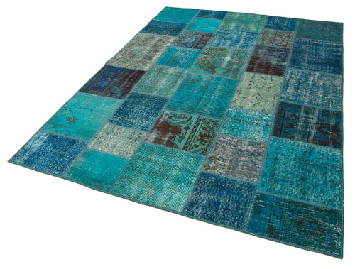 Kırk Yama Turkuaz Patchwork Pamuk Yün El Dokuma Halısı 171x240 Agacan