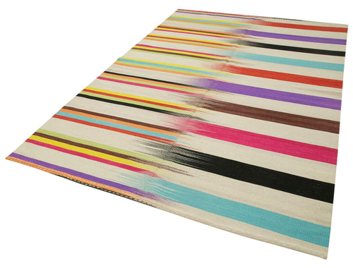 Degrade Kilim Beyaz Çizgili Pamuk Yün El Dokuma Halısı 181x277 Agacan