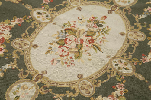 Needlepoint Floral Bej Çiçekli Pamuk Yün El Dokuma Halısı 117x174 Agacan